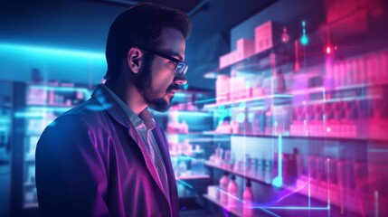 Fototapeta premium Amazing of a pharmacist with Glow HUD big icon of medications
