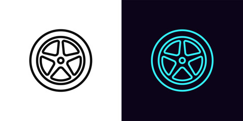 Outline car wheel icon, with editable stroke. Car tire with rim. Car tyres shop, wheel balancing and vehicle service, racing tires, sport car wheels, automobile rim repair, rally race. Vector icon