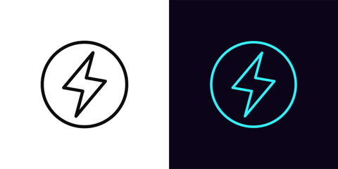 Outline lightning icon, with editable stroke. Electric lightning sign with circle frame. Electric vehicle, round lightning logo, battery charge station, electric energy and power charging. Vector icon