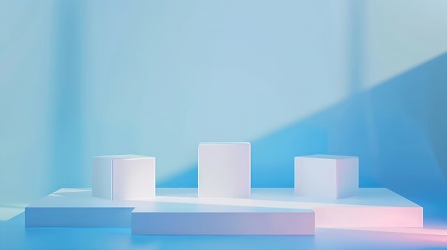 Abstract surreal scene  empty stage with three rectangle white podiums on pastel blue holographic colored background Pedestal for cosmetic product packaging mockups display presentatio : Generative AI