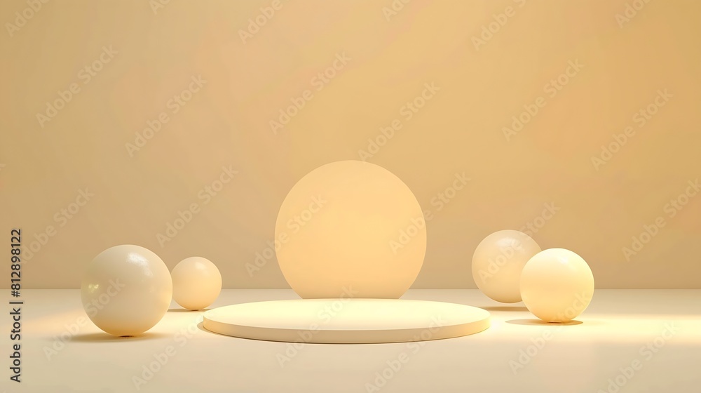 Poster Abstract minimal 3D render stage with empty podium for product mockup display and 4 spheres as decoration Bright tone with light yellow background : Generative AI