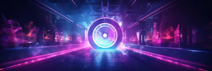 Obraz premium Amazing of a video editor with Glow HUD big icon of a film reel, editing a blockbuster movie scene, on bright solid background, in synth wave styles