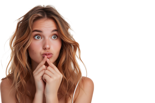 Portrait of nervous minded pretty lady biting finger nail look interested on transparent background