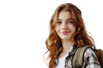 Pretty cute girl dressed stylish clothes going to university on isolated transparent background