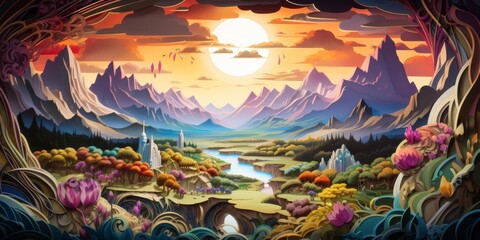 An illustration of landscape fantasy depicting an ancient valley with mystical ruins, portrayed in paper art styles for a detailed and textured visual experience