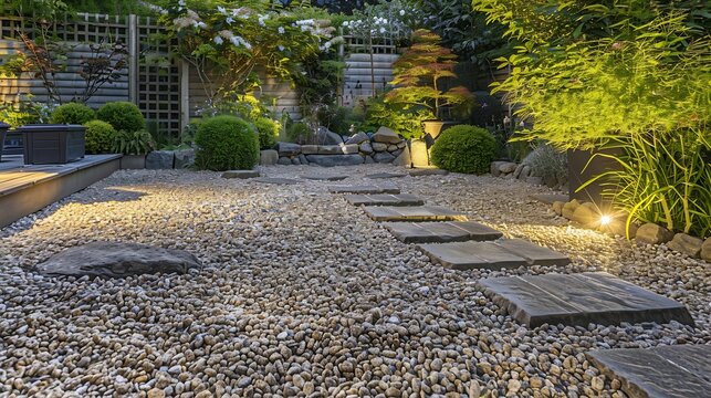 Garden patio UK Landscaped garden with gravel raised beds and York stone stepping stones and patio : Generative AI