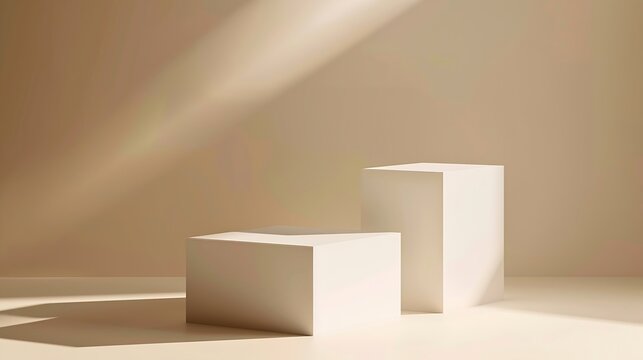 Empty white podium stage made with two white cubes on a beige backdrop Mockup scene for product presentation Studio photography Product showcase or display : Generative AI