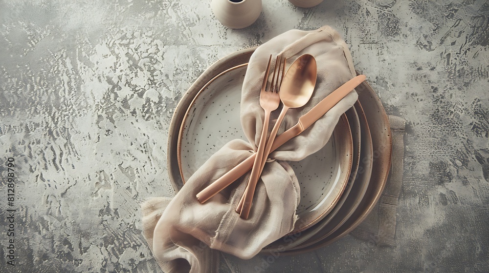 Poster from above sophisticated easter table setting featuring stacked ceramic plates rose gold cutlery and