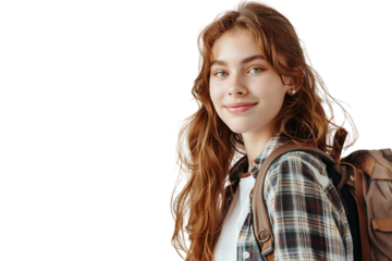 Pretty cute girl dressed stylish clothes going to university on isolated transparent background