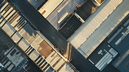 Aerial view of factory roof sheds revealing the architectural layout and industrial infrastructure Australia : Generative AI