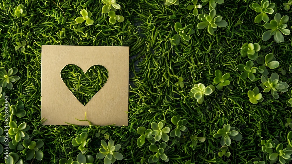 Poster creative layout made of heart card note on green grass moss background top view copy space advertisi