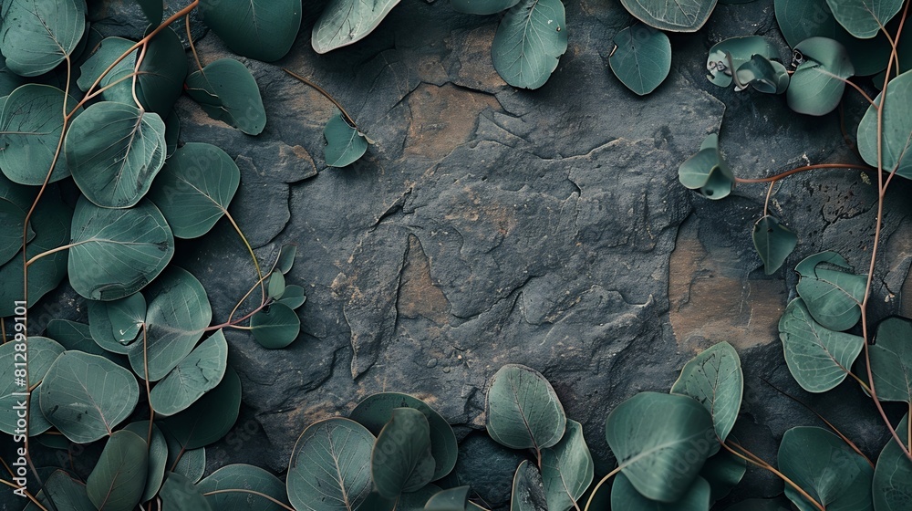 Poster Eucalyptus leaves on stone table Frame made of eucalyptus branches Flat lay top view copy space : Generative AI