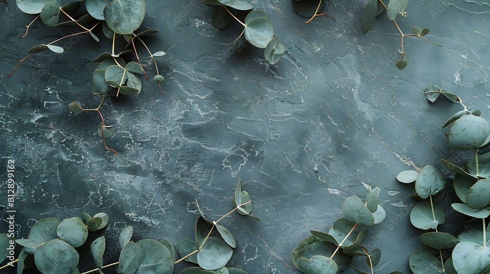 Poster Green eucalyptus leaves on stone table Frame made of eucalyptus branches Flat lay top view copy space : Generative AI