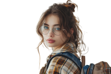 Pretty cute girl dressed stylish clothes going to university on isolated transparent background