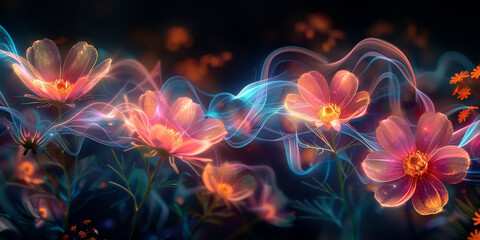 A colorful bouquet of flowers with a blue and pink background