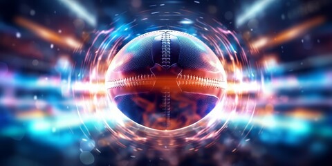 Fototapeta premium Colorful Glow HUD icon of a football, illustrating dynamic sports action, with a very blurry backdrop of a stadium filled with fans