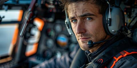 Obraz premium Focused Pilot in Cockpit with Headset Looking Serious