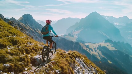 nice senior woman on mountain bike climbing up Mount Fellhorn in the Allgaeu High Alps with Trettach and Maedelegabel in background Allgau Bavaria Germany : Generative AI