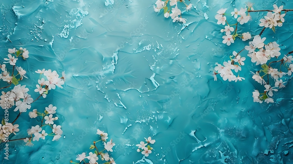 Poster beautiful turquoise blue background with spring cherry blossom branches top view flat lay frame crea