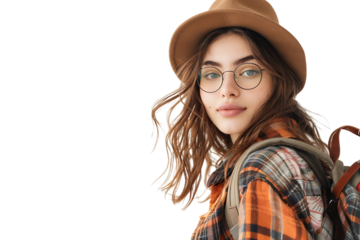 Pretty cute girl dressed stylish clothes going to university on isolated transparent background