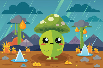 Naklejka premium A green mushroom sits on top of a dirt field in this customizable acid rain cartoon illustration, Acid rain Customizable Cartoon Illustration