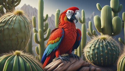 Create an image of a scarlet macaw with cacti - obrazy, fototapety, plakaty