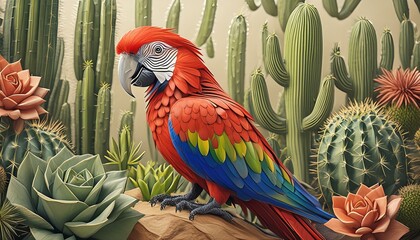 Create an image of a scarlet macaw with cacti - obrazy, fototapety, plakaty