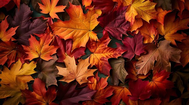 Creative layout of colorful autumn leaves Flat lay Season concept : Generative AI