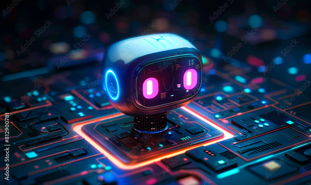 Poster futuristic ai chatbot on illuminated circuit board - conceptual representation of artificial intelli