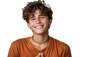 Young smile guy hands touch chest heart thankful grateful on isolated transparent background