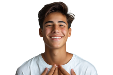 Young smile guy hands touch chest heart thankful grateful on isolated transparent background