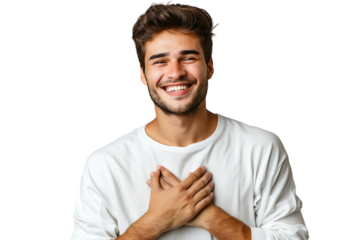 Young smile guy hands touch chest heart thankful grateful on isolated transparent background