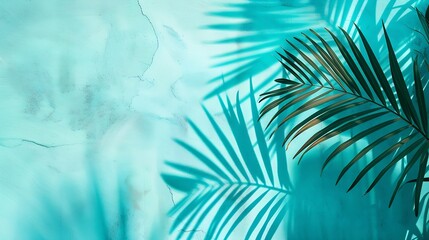 Mint Blue cement texture wall leaf plant shadow backgroundSummer tropical travel beach with minimal...