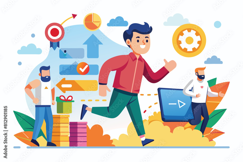 Poster a man is sprinting in front of a computer screen showing agile method customizable cartoon illustrat
