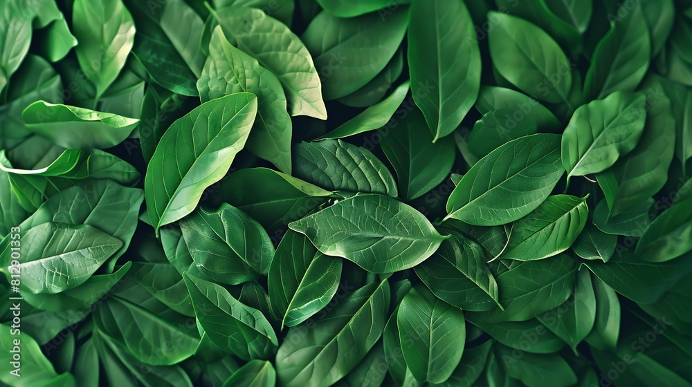 Poster creative layout made of green leaves flat lay nature background : generative ai