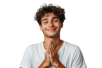 Young smile guy hands touch chest heart thankful grateful on isolated transparent background