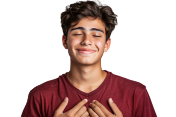 Young smile guy hands touch chest heart thankful grateful on isolated transparent background