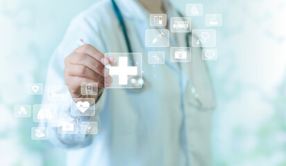 online health concept medical technology health care and medicine Medical business and online health service icons with hospital history health insurance network