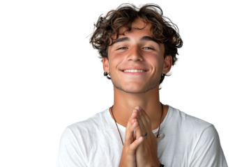 Young smile guy hands touch chest heart thankful grateful on isolated transparent background