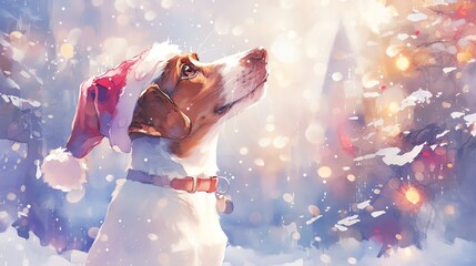 A cute dog wearing a Santa hat is looking up at the falling snow