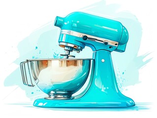 A blue kitchen mixer is sitting on a white background. The mixer has a silver bowl and a white beater.