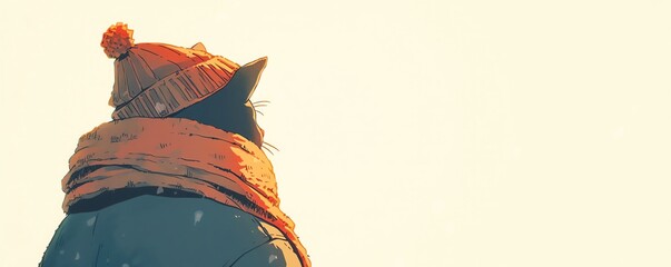 A cat wearing a hat and scarf is looking out the window, deep in thought. The warm glow of the setting sun casts a peaceful orange hue over the room.