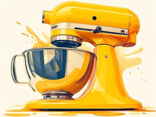 Illustrate a yellow kitchen mixer with a splash of yellow liquid