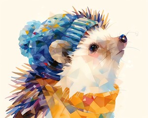 A cute watercolor painting of a hedgehog wearing a blue hat and a yellow scarf.