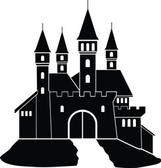Obraz premium Medieval castle, fortress on a hill - vector silhouette picture for stencil. Silhouette of a Fantasy Castle with towers, fortress walls and loopholes.