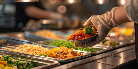 Obraz premium Serving Hot Meal in Buffet Line with Latex Gloves