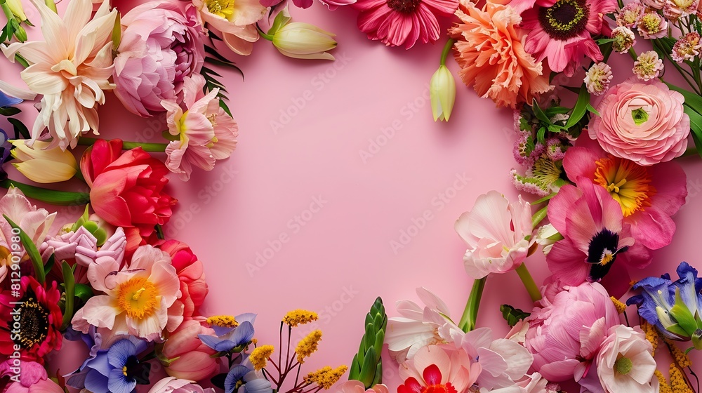 Aufkleber creative layout made of colorful spring flowers in the paper circle pastel pink background spring su