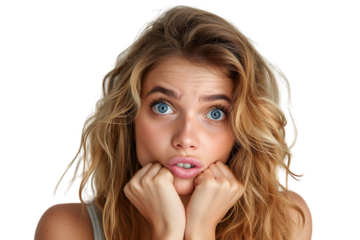 Portrait of nervous minded pretty lady biting finger nail look interested on transparent background