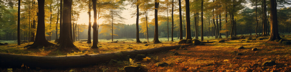 Panoramic View of a Sunlit Forest in Autumn