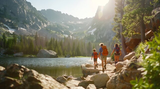 Family on summer vacation trip in mountains People hiking on Emerald Lake Trail next to Dream Lake Friends exploring Colorado mountains Estes Park Rocky Mountains National Park Colorad : Generative AI